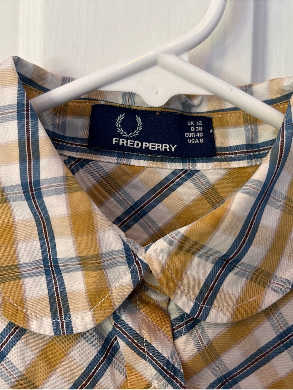 Fred Perry Yellow and Navy Plaid Peter Pan Collar Shirt UK12 - from England - Picture 3 of 7